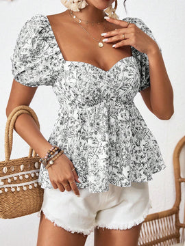 Camisa de vacaciones para mujer ajustada de manga corta y cuello corazon con diseno tejido e impresion de princesa