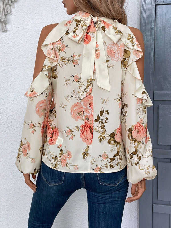 Blusa de hombros descubiertos con estampado floral, ribete de volantes y mangas tipo linterna