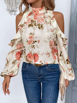 Blusa de hombros descubiertos con estampado floral, ribete de volantes y mangas tipo linterna