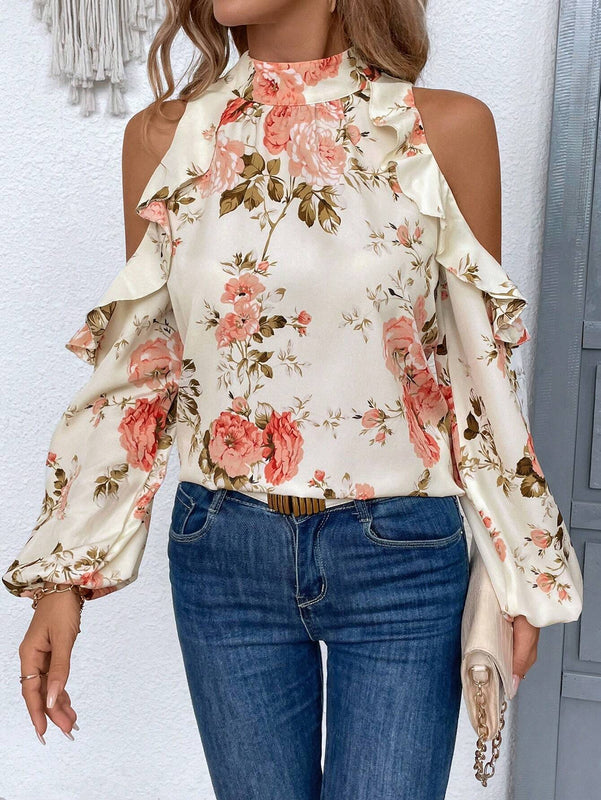 Blusa de hombros descubiertos con estampado floral, ribete de volantes y mangas tipo linterna