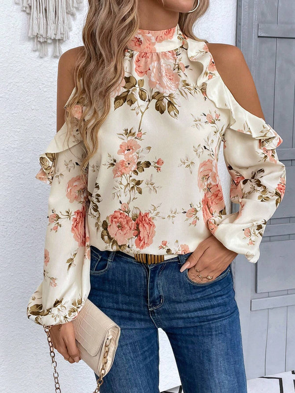 Blusa de hombros descubiertos con estampado floral, ribete de volantes y mangas tipo linterna