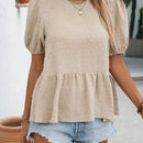 Camisa de verano para mujer con cuello redondo, mangas abullonadas y lazo en la parte delantera
