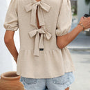 Camisa de verano para mujer con cuello redondo, mangas abullonadas y lazo en la parte delantera