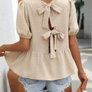 Camisa de verano para mujer con cuello redondo, mangas abullonadas y lazo en la parte delantera