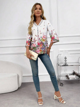 EMERY ROSE Blusa de mujer con estampado floral y escote en V