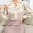 Blusa de manga larga sencilla y lisa para uso diario para mujer, blusa casual para el trabajo, blusa de manga larga con botones, nueva moda top de vestir de oficina para damas