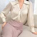 Blusa de manga larga sencilla y lisa para uso diario para mujer, blusa casual para el trabajo, blusa de manga larga con botones, nueva moda top de vestir de oficina para damas
