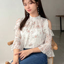 FRIFUL Blusa floral Jacquard con hombreras descubiertas, ribete de volantes y mangas con volantes