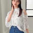FRIFUL Blusa floral Jacquard con hombreras descubiertas, ribete de volantes y mangas con volantes