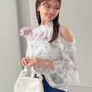 FRIFUL Blusa floral Jacquard con hombreras descubiertas, ribete de volantes y mangas con volantes