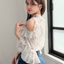 FRIFUL Blusa floral Jacquard con hombreras descubiertas, ribete de volantes y mangas con volantes