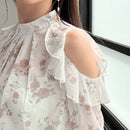 FRIFUL Blusa floral Jacquard con hombreras descubiertas, ribete de volantes y mangas con volantes