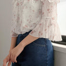 FRIFUL Blusa floral Jacquard con hombreras descubiertas, ribete de volantes y mangas con volantes
