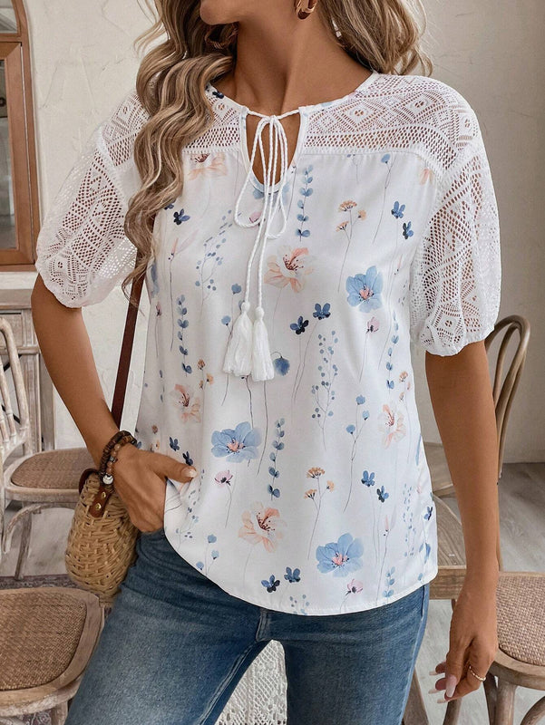 EMERY ROSE Camisa de encaje floral para mujer con diseno informal y cordones