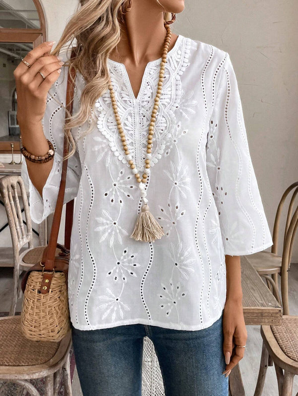 EMERY ROSE Camisa de manga 3/4 para mujer con cuello con muesca
