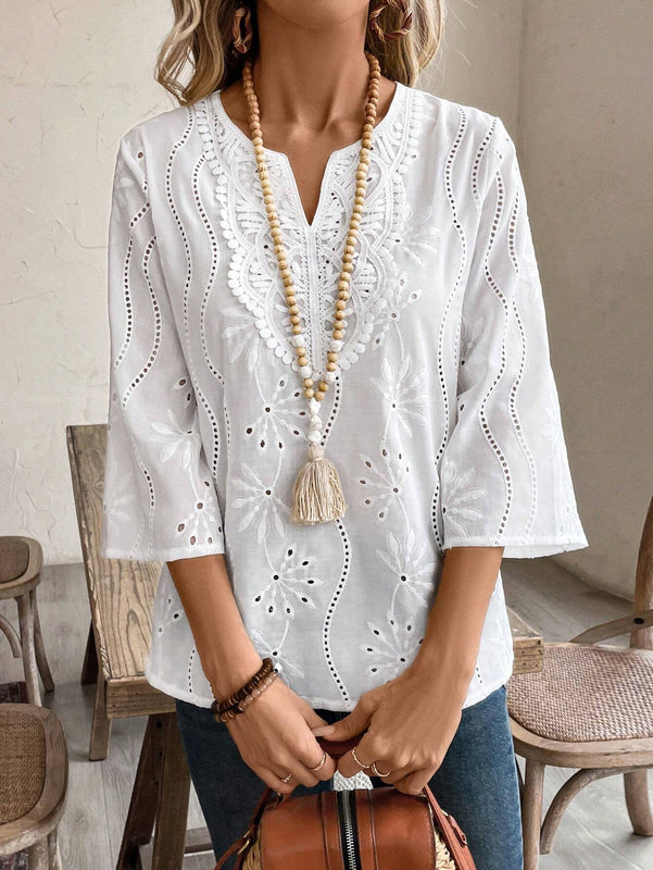 EMERY ROSE Camisa de manga 3/4 para mujer con cuello con muesca