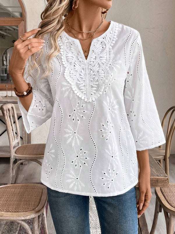 EMERY ROSE Camisa de manga 3/4 para mujer con cuello con muesca