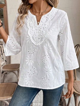 EMERY ROSE Camisa de manga 3/4 para mujer con cuello con muesca