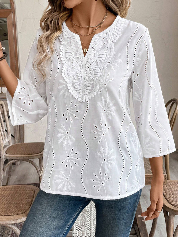 EMERY ROSE Camisa de manga 3/4 para mujer con cuello con muesca