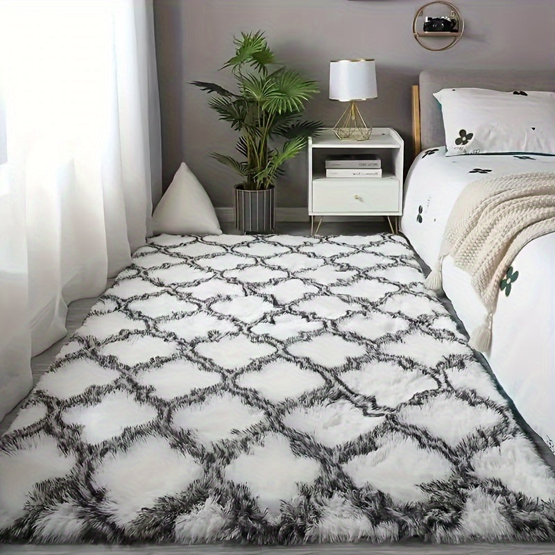 Alfombra de felpa gruesa, 1 pieza, diseño geométrico en gris y blanco, antideslizante, grande para sala, dormitorio o entrada, suave y esponjosa de poliéster con diseño de cuadrícula moderna, alfombra para sala
