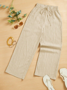 Essnce pantalones casuales de pernera ancha de 7/8 con textura y cintura anudada de unicolor para mujer
