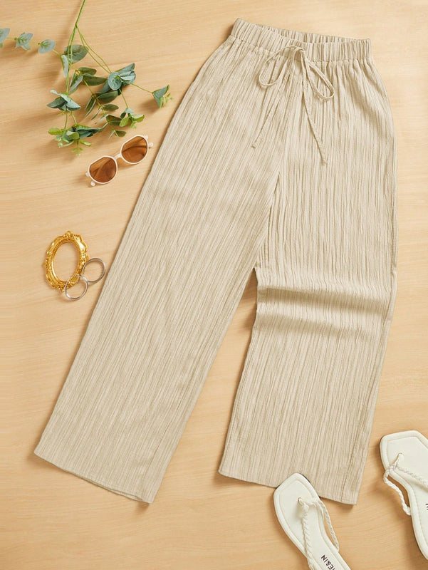 Essnce pantalones casuales de pernera ancha de 7/8 con textura y cintura anudada de unicolor para mujer