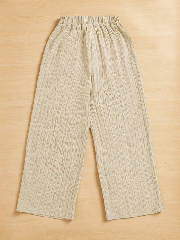 Essnce pantalones casuales de pernera ancha de 7/8 con textura y cintura anudada de unicolor para mujer