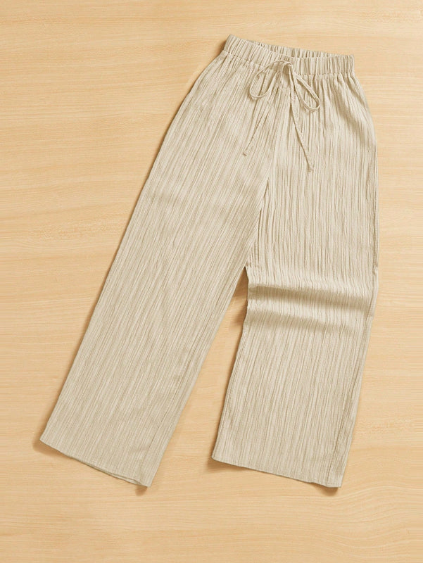 Essnce pantalones casuales de pernera ancha de 7/8 con textura y cintura anudada de unicolor para mujer