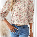 Camisa veraniega de cuello redondo y manga abullonada con estampado floral de vacaciones para mujer de tamano holgado