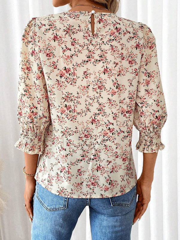 Camisa veraniega de cuello redondo y manga abullonada con estampado floral de vacaciones para mujer de tamano holgado