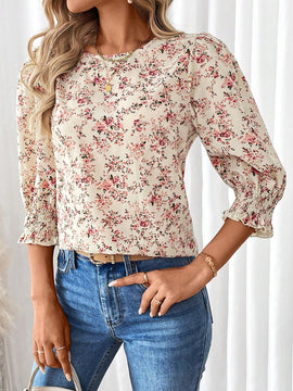 Camisa veraniega de cuello redondo y manga abullonada con estampado floral de vacaciones para mujer de tamano holgado