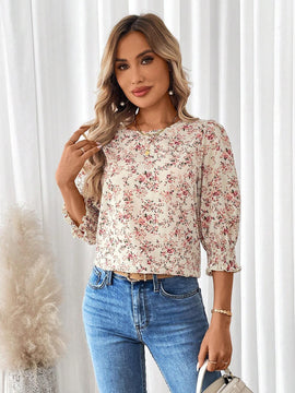 Camisa veraniega de cuello redondo y manga abullonada con estampado floral de vacaciones para mujer de tamano holgado
