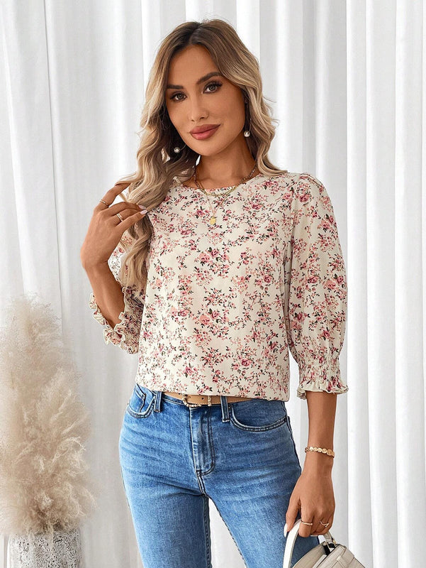 Camisa veraniega de cuello redondo y manga abullonada con estampado floral de vacaciones para mujer de tamano holgado