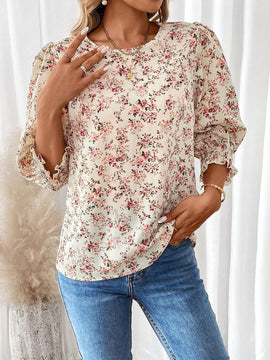 Camisa veraniega de cuello redondo y manga abullonada con estampado floral de vacaciones para mujer de tamano holgado