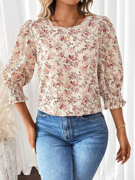 Camisa veraniega de cuello redondo y manga abullonada con estampado floral de vacaciones para mujer de tamano holgado