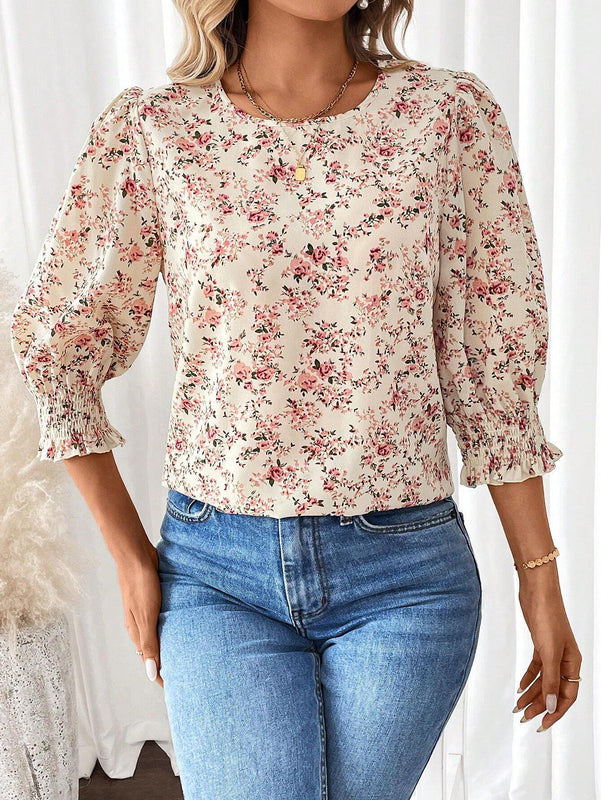 Camisa veraniega de cuello redondo y manga abullonada con estampado floral de vacaciones para mujer de tamano holgado
