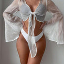Cardigan holgado elegante y transparente de proteccion solar con encaje de mariposa y mangas acampanadas para mujeres