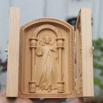 Pequeño Columpio Sagrado Católico para Mesa, Columpio de Coche de Madera de Haya con Jesús y San José, Artesanía Cristiana, Regalo, 10cm, Accesorios de Decoración para el Hogar