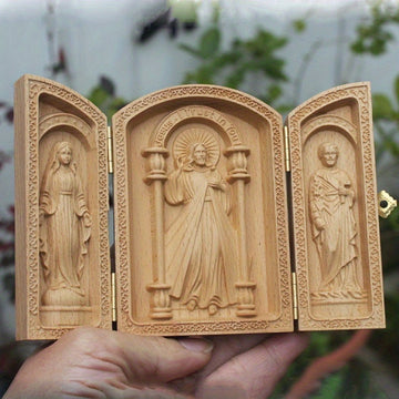 Pequeño Columpio Sagrado Católico para Mesa, Columpio de Coche de Madera de Haya con Jesús y San José, Artesanía Cristiana, Regalo, 10cm, Accesorios de Decoración para el Hogar