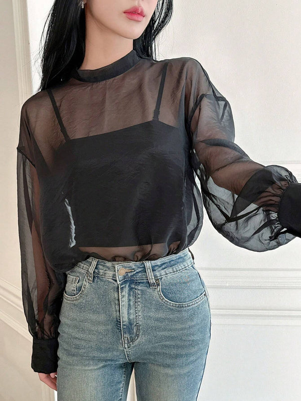 DAZY Camisa femenina holgada de manga larga con frente anudado y peso ligero de unicolor
