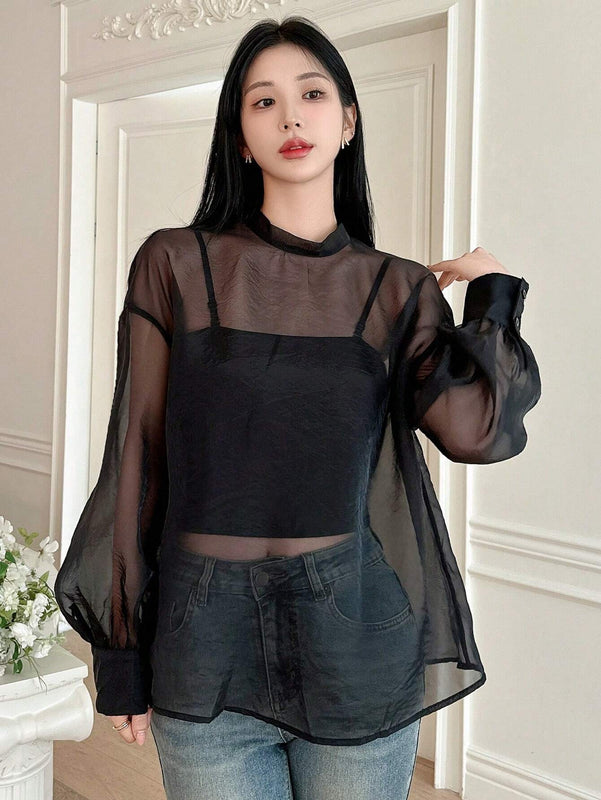 DAZY Camisa femenina holgada de manga larga con frente anudado y peso ligero de unicolor