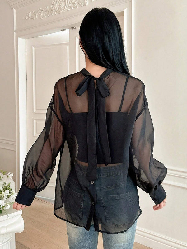DAZY Camisa femenina holgada de manga larga con frente anudado y peso ligero de unicolor