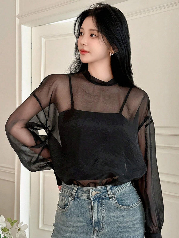 DAZY Camisa femenina holgada de manga larga con frente anudado y peso ligero de unicolor