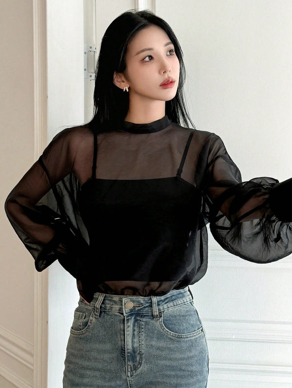 DAZY Camisa femenina holgada de manga larga con frente anudado y peso ligero de unicolor