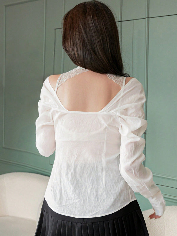 DAZY Camisa de mujer de manga larga con lazo en el unicolor