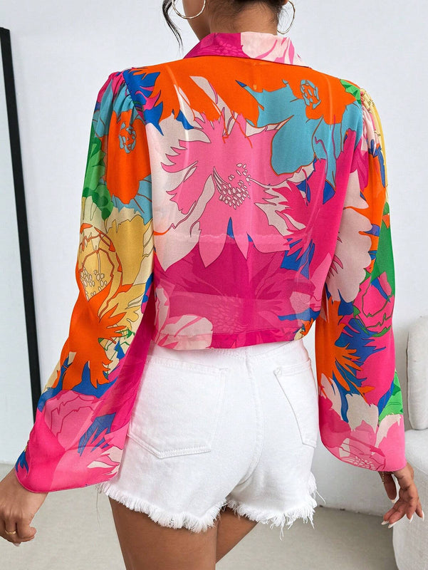 Camisa informal de manga larga con estampado completo para mujer (patron aleatorio)