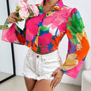 Camisa informal de manga larga con estampado completo para mujer (patron aleatorio)
