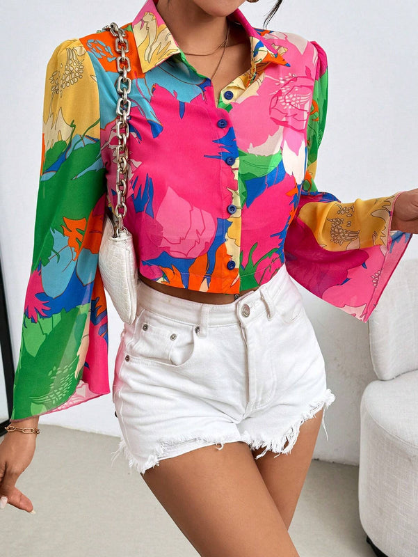Camisa informal de manga larga con estampado completo para mujer (patron aleatorio)