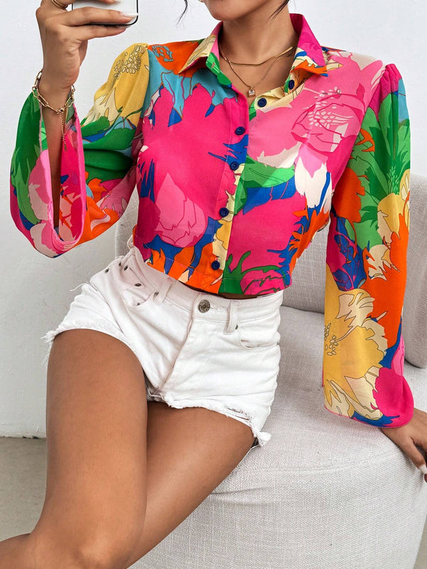 Camisa informal de manga larga con estampado completo para mujer (patron aleatorio)