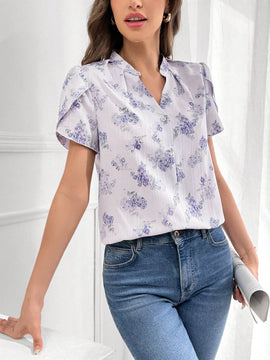 Blusa con estampado floral y mangas en forma de petalo para uso diario